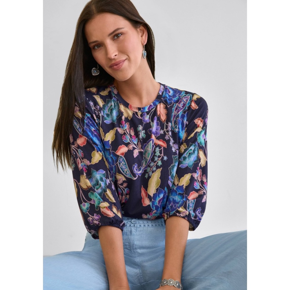 Johnny Was Janie Favorite Puff Sleeve Top XXL Blue Floral Boho Cottagecore